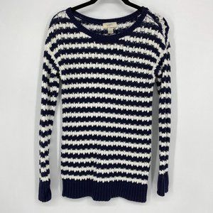 Loft Navy Blue White Striped Open Knit Sweater